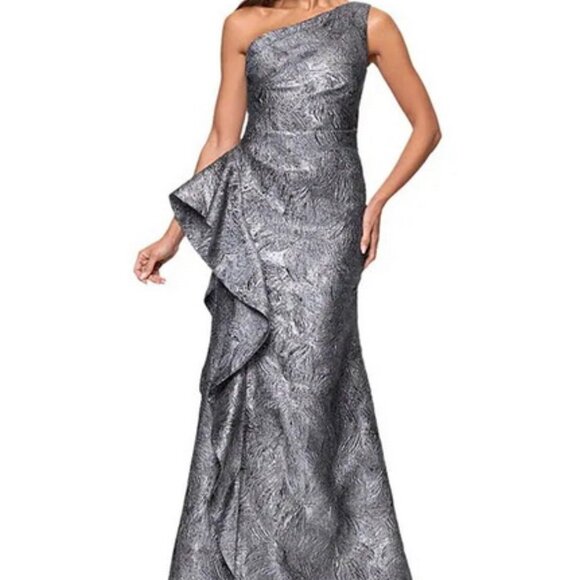 Xscape Gunmetal Metallic Ruffle One-Shoulder Jacquard Mermaid Gown - Picture 1 of 4